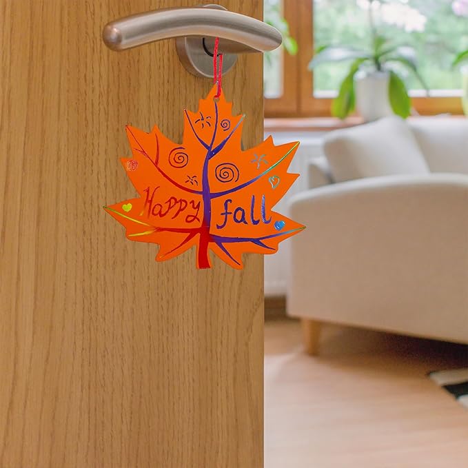 Winlyn 48 Sets 12 Desgins Colorful Magic Color Scratch Fall Leaves Ornaments Decoration Autumn Scratch Art Leaves Fall Leaf Craft Kits for Kids Halloween Thanksgiving Classroom Activities Party Favors