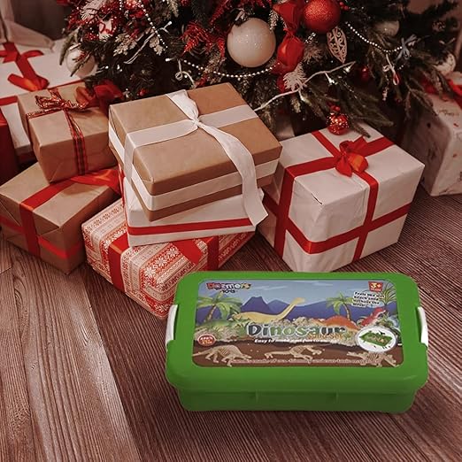 Dinosaur Play Sand Kit - Sensory Bin Sandbox, 2 Bags of Safe Sand and 34 Pieces - Feels Like Wet Sand Without The Mess - Comes with Bin, Lid, Dinosaur Figures, Dino Molds, Trees, Fences