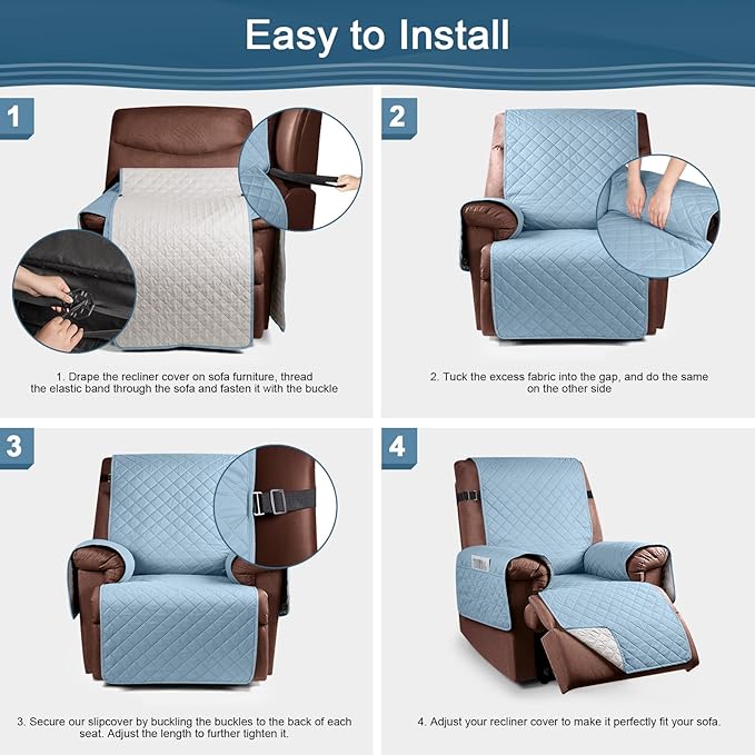 KinCam 100% Waterproof Recliner Chair Cover, Reclining Couch Covers for Pets, Dogs, Recliner Couch Slipcover Furniture Protector with Elastic Straps for Kids(28", Light Blue)
