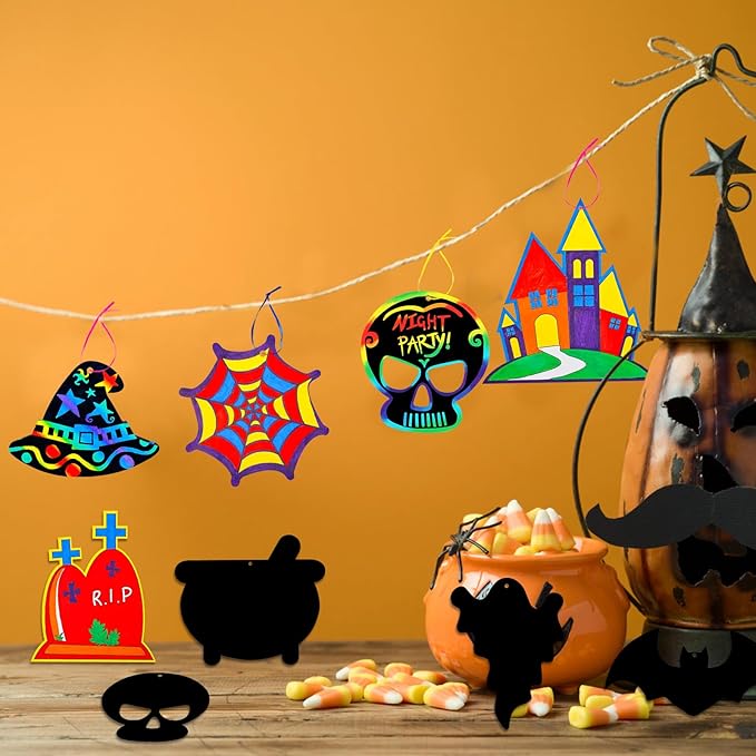 Max Fun Halloween Crafts Scratch Off Art Paper Cards 48Pack, Magic Rainbow Ornaments Hanging Supplies Educational Toys Kit Halloween Party Games Favor