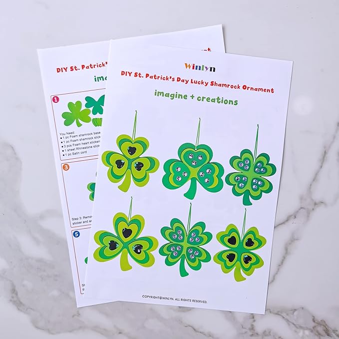 Winlyn 24 Sets St. Patrick's Day Shamrock Ornaments Decorations DIY St. Pat's Craft Kits Assorted Foam Lucky Shamrock Four-Leaf Clover Stickers for Kids Classroom Activities Party Favors Art Project