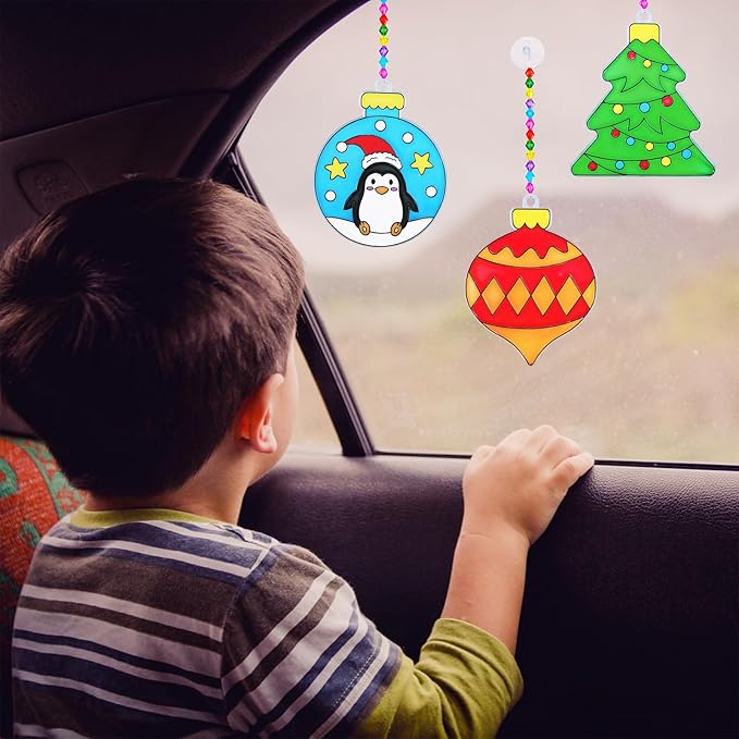 Winlyn 30 Sets Christmas Bauble Suncatcher Ornaments DIY Window Paint Art Suncatchers Craft Kits Winter Christmas Ball Sun Catchers for Kids Holiday Classroom Party Decorations Art Project