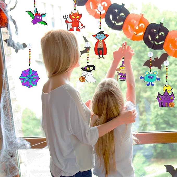 Winlyn 27 Sets Halloween Suncatchers Ornaments Decorations DIY Window Paint Art Suncatchers Halloween Craft Kits Bat Ghost Spider Monster Sun Catchers for Kids Classroom Party Activities Art Project