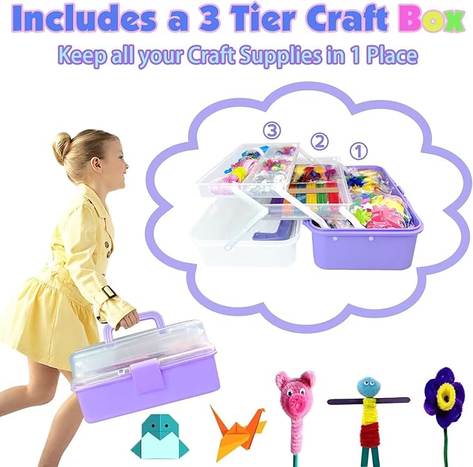 VLUSSO Arts and Crafts Supplies for Kids DIY Craft Kits Art Supplies Materials Kids Crafts Set with Pipe Cleaners Craft Box Preschool Homeschool Toys Gift for Kids Boys and Girls Age 4 5 6 7 8