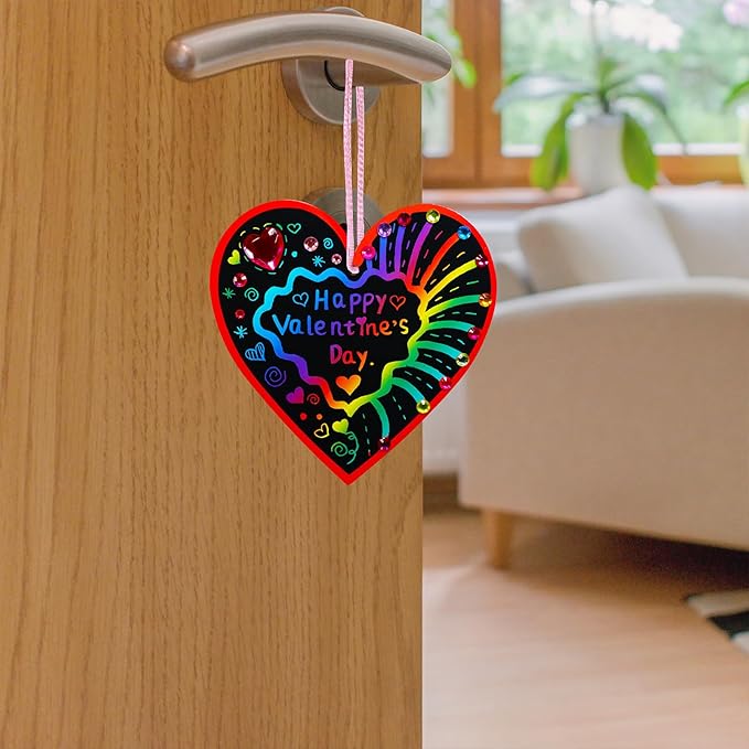 Winlyn 45 Sets 9 Styles Magic Color Scratch Black Valentine Heart Ornaments Decorations Valentine Scratch Art Heart Valentine's Day Craft Kits for Kids Classroom Activities Party Favors Gift Exchange