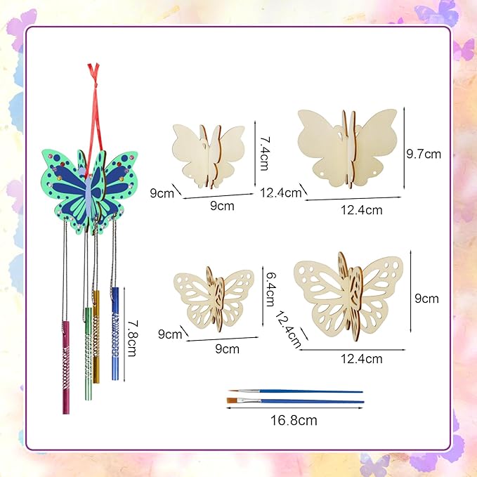 Fennoral 8 Pack 3D Butterfly Wind Chime Kit for Kids Make Your Own Butterfly Wind Chime Wooden Arts and Crafts for Kids DIY to Paint Butterfly Craft for Winter Spring Art Activity Birthday Party