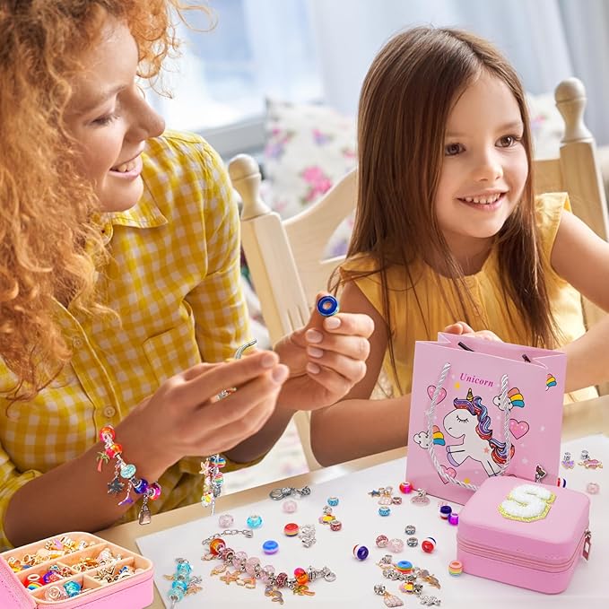 SUREHOME Charm Bracelet Making Kit Kids Jewelry Making Kit with Initial Jewelry Box Art Craft for Girls 8-12 6-8 5-7 9 11 10 Year Old Teen Girls Trendy Stuff Personalized Birthday Christmas Gifts - B