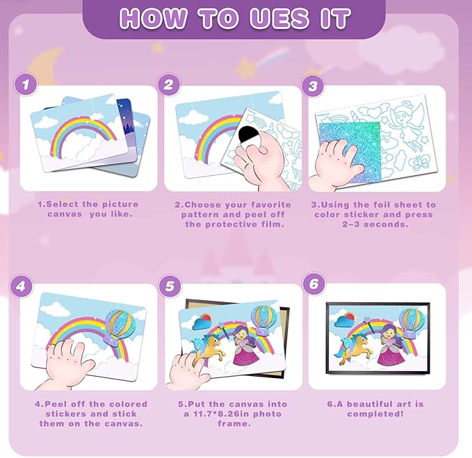 SOOVSY 200 Sheets Princesses & Unicorns Foil Art Fun Kit for Kids, Foil Art for Kids Art Craft DIY Creative Activity Birthday Christmas Gift Travel Toys for 4 5 6 7 8 9 Years Old Kids Girls Boys