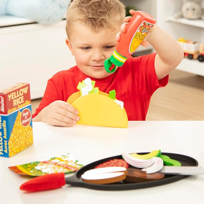Melissa & Doug Fill & Fold Taco & Tortilla Set, 43 Pieces – Sliceable Wooden Mexican Play Food, Skillet, and More Taco Play Food Set, Pretend Kitchen Toy For Kids Ages 3+ - FSC-Certified