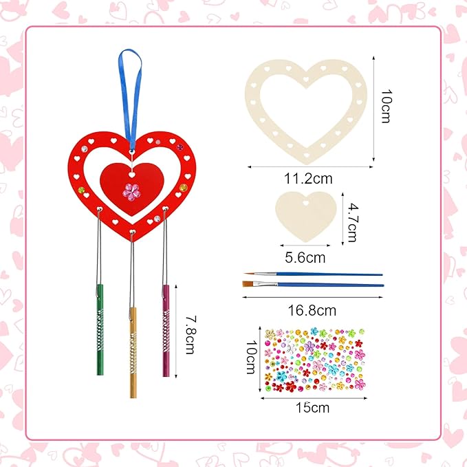 Fennoral 27 Pack Heart Wind Chime Kit for Kids Make You Own Red Heart Wind Chimes Mother's Day Wooden Ornaments for Kids Art and Craft Party Decoration