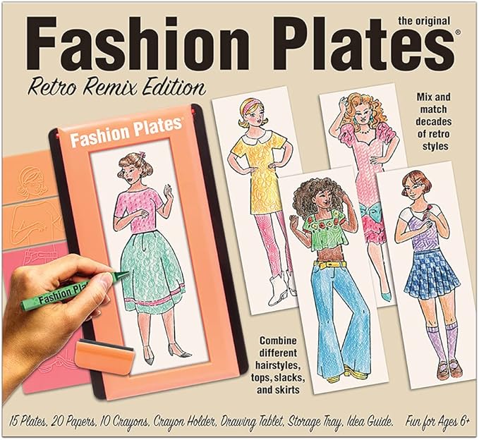 Fashion Plates Retro – Girls Fashion, Mix-and-Match Drawing Kit, Arts and Crafts, Coloring, Art Supplies, Craft Supplies, Stencils, Crayons Included, Create Your Own Fashion Designs, Ages 6+