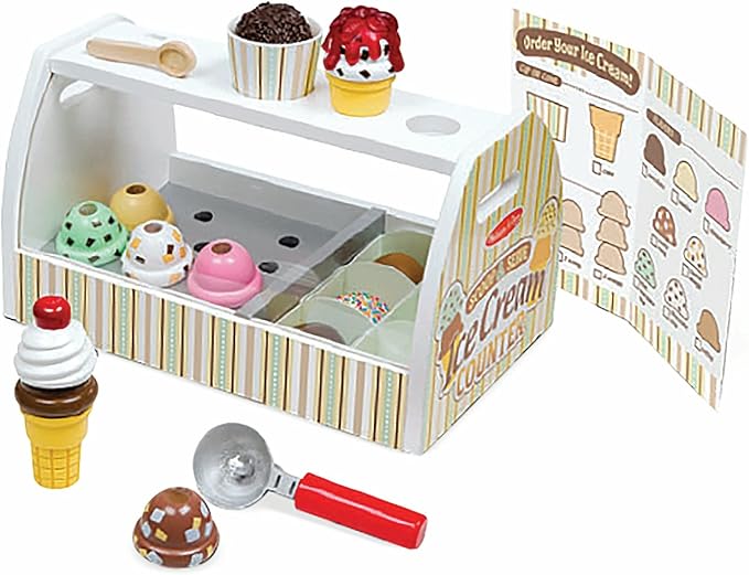 Melissa & Doug Wooden Scoop and Serve Ice Cream Counter With Play Food and Accessories (28 Pcs) Pretend Food, Ice Cream Toys, For Kids Ages 3+