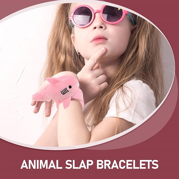 LUOZZY 6 Pcs Plush Slap Bracelets Shark Stuffed Animal Slap Band Bracelets for Kids Birthday Party Favors Gifts (Blue Pink Gray)