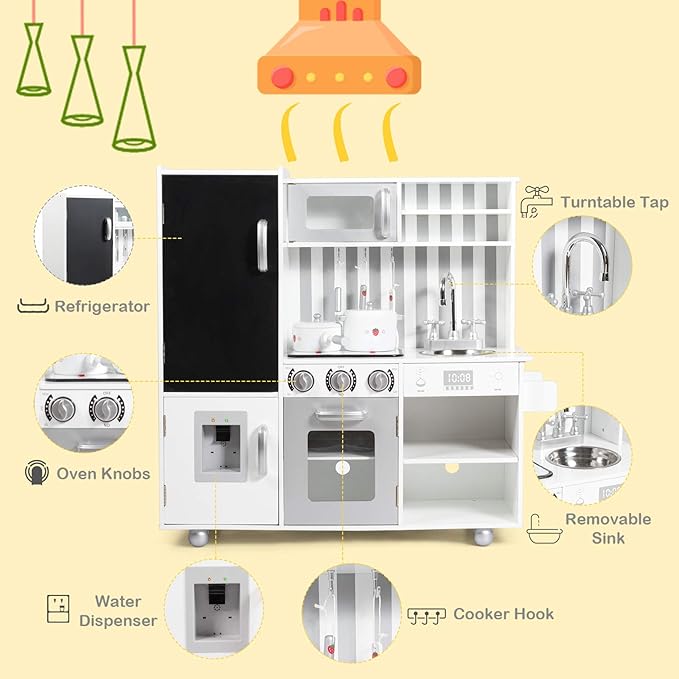 Mayjooy Kids Kitchen Playset, Wooden Play Kitchen w/7 Accessory Utensils, Blackboard, Sink, Stovetop, Sink, Cabinets, Fridge, Simulated Sound & Lights, Pretend Play Kitchen Set for Toddlers Boys Girls