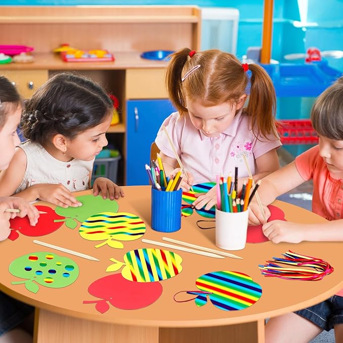 Liliful 60 Set Fall Crafts for Kids Thanksgiving Scratch Crafts Apple Arts and Crafts with Ribbon Wooden Stylus Hanging Craft Kit for Fall Autumn Home Activities School Game Classroom Decoration