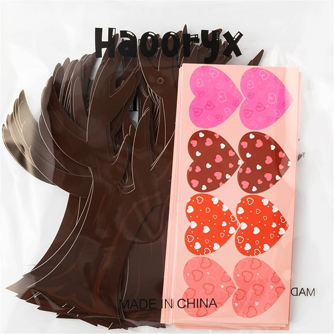 Haooryx Valentine’s Paper Craft Kits - 24-Piece Valentine’s Day Heart Tree Craft Kit DIY Hanging Ornaments with Heart Cards Red Ribbon Glue Points Kids' Classroom Activities Home Decor Exchange Gifts