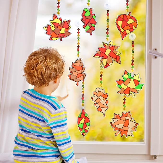 Winlyn 27 Sets Fall Leaf Suncatchers Ornaments Decorations DIY Window Paint Art Suncatchers Craft Kits Autumn Maple Leaf Sun Catchers for Kids Classroom Thanksgiving Harvest Party Activity Art Project
