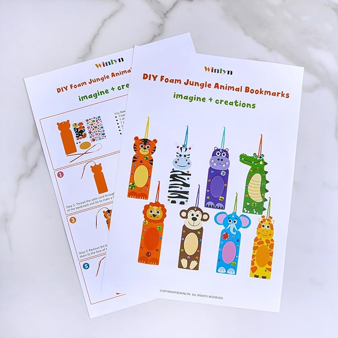 Winlyn 32 Sets Jungle Animal Craft Kits DIY Jungle Safari Zoo Wild Animal Bookmarks Decorations Art Sets Tiger Lion Zebra Foam Stickers for Kids Classroom Activities Reading Rewards Party Favors