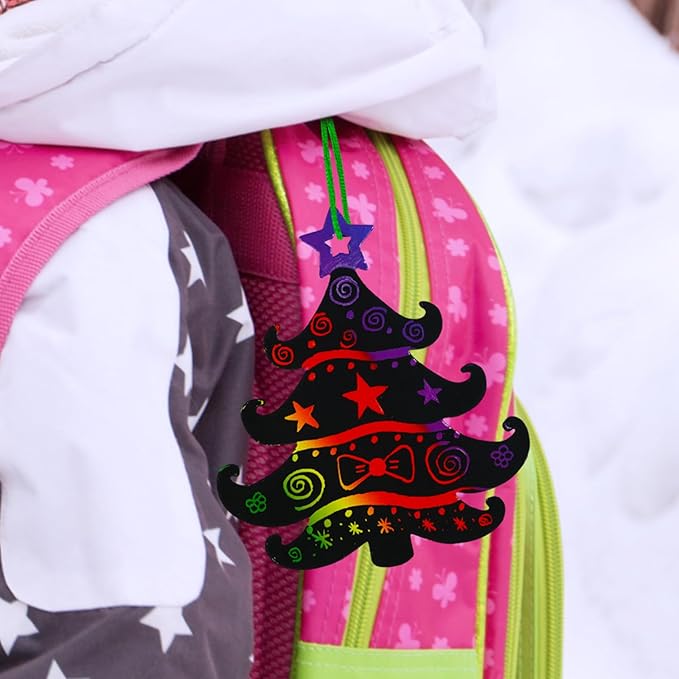 Winlyn 54 Sets 9 Styles Magic Color Scratch Black Christmas Tree Ornaments Christmas Tree Rainbow Scratch Art Decorations Christmas Craft Kit for Kids Classroom Activities Holiday Season Party Favors