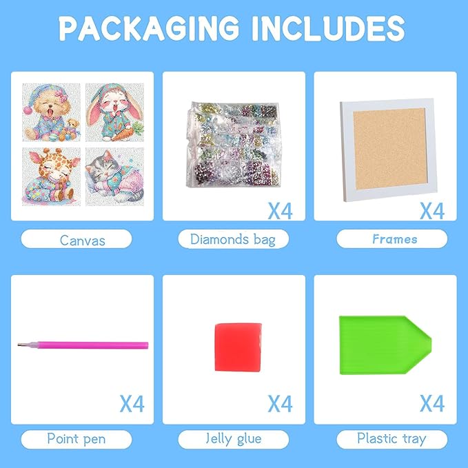 FQOVKYN 4 Packs Cute Animals Diamond Art Kits for Kids, DIY Cartoon Small Diamond Painting Kits for Kids Age 6-12, Diamond Art and Crafts Kits for Girls Boys Birthday Gift(6 * 6inch)