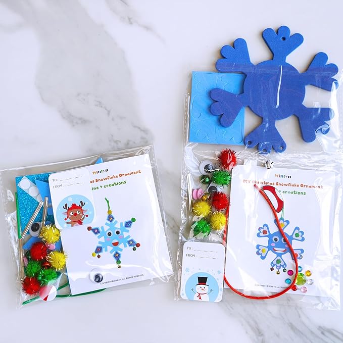 Winlyn 24 Sets Christmas Craft Kits Winter Crafts DIY Snowflake Ornaments Decorations Art Sets Foam Snowflakes Smile Stickers Jingel Bells for Kids Holiday Home Classroom Activities Party Favors