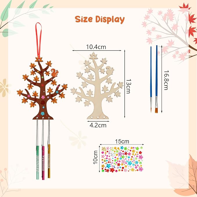 Fennoral 10 Pack Fall Wind Chime Kit for Kids Make You Own Fall Tree Wind Chime Wooden Arts and Crafts for Girls Boys DIY Coloring Fall Craft Activity Autumn Party Deocration