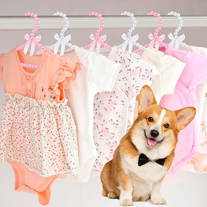 Wesiti 25 Pcs Small Pearl Hanger Mini Pearl Metal Elegant Clothes Hangers with Ribbon for Women Dog Cat (Pink,White)