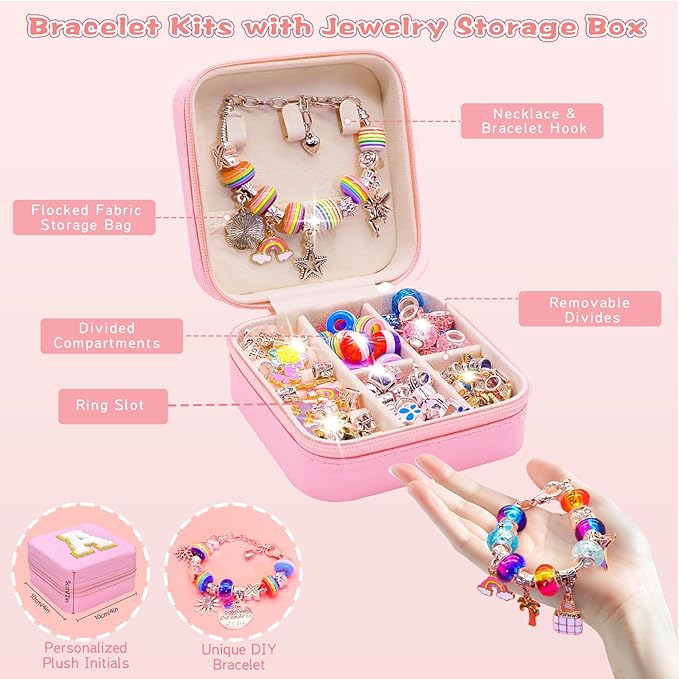 SUREHOME Charm Bracelet Making Kit for Girls 8-12, Art & Crafts for Ages 6-8 Kids Jewelry Making Kit with Initial Box Perfect Personalized Gifts 7+ 9 10 11 Year Old Girls Birthday Christmas Stuff - A