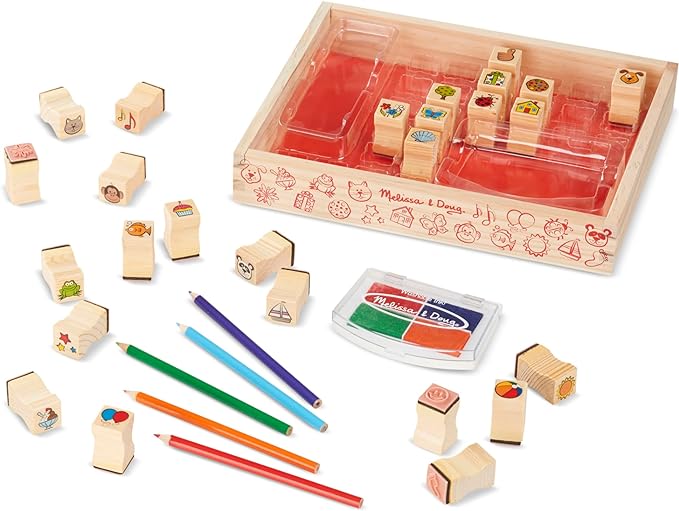 Melissa & Doug Wooden Stamp Set, Favorite Things - 26 Wooden Stamps, 4-Color Stamp Pad Kids Art Projects, Stamps With Washable Ink, For Kids Ages 4+