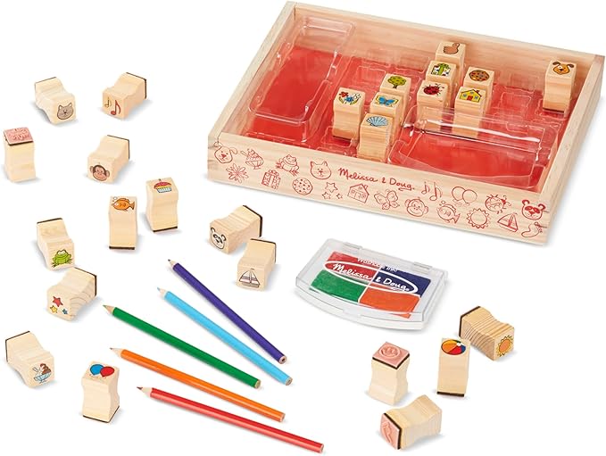 Melissa & Doug Wooden Stamp Set, Favorite Things - 26 Wooden Stamps, 4-Color Stamp Pad Kids Art Projects, Stamps With Washable Ink, For Kids Ages 4+