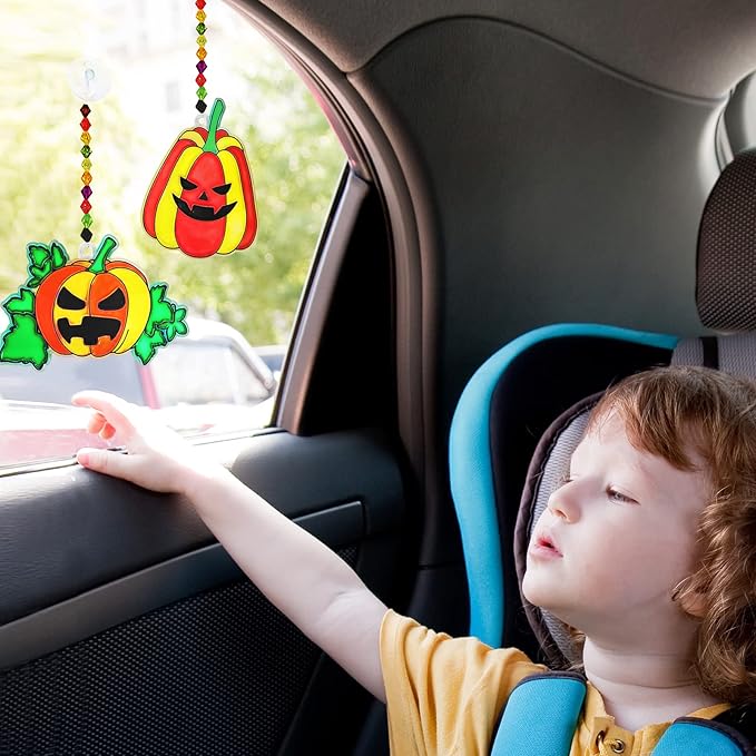 Winlyn 27 Sets Halloween Pumpkin Suncatchers Ornaments Decorations DIY Window Paint Art Suncatchers Craft Kits Jack-O'-Lantern Sun Catchers for Kids Classroom Activities Fall Halloween Art Project