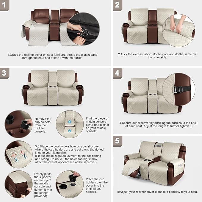 KinCam 100% Waterproof Loveseat Recliner Cover with Console, Non-Slip Reclining Couch Covers for 2 Seat, Recliner Couch Cover Furniture Protector with Elastic Straps for Kids, Pets, Ivory