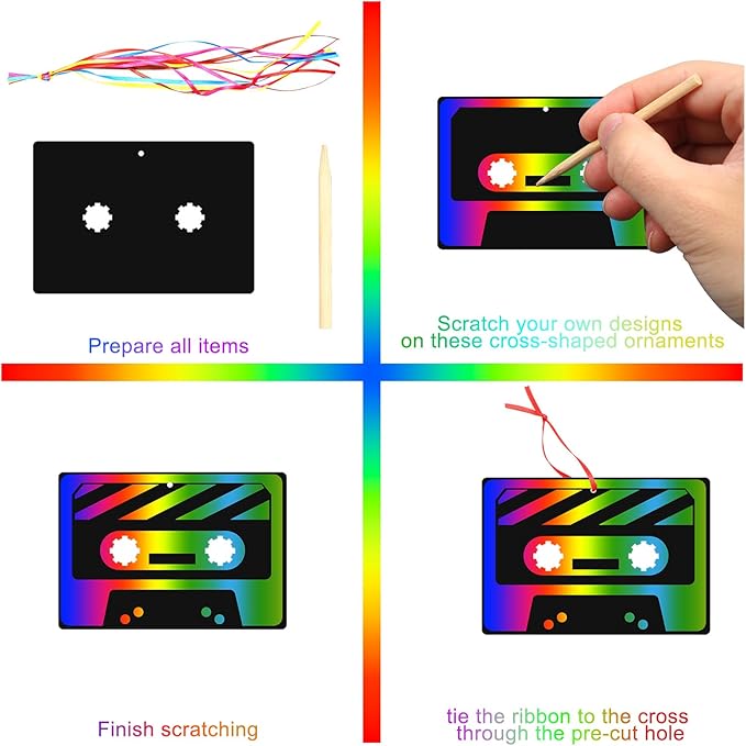 NODMIPNS 36 Pieces 80s Party Scratch Art for Adult,Retro 1980s Hip Hop Party Rainbow Scratch Paper Kit Scratch Crafts Art Set,Back to The 80s Birthday Party Favors DIY Ornament for Christmas Tree