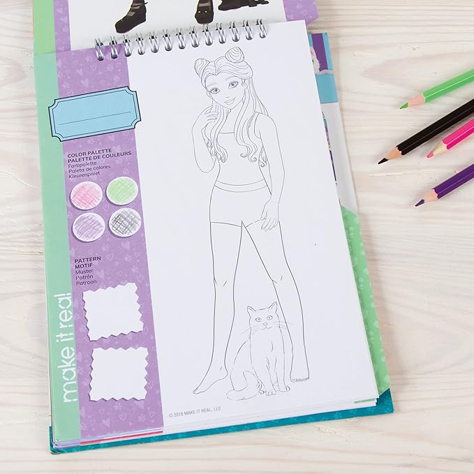 Make It Real Fashion Design Sketchbook for Girls - Pretty Kitty Cat-Themed Design Kit with Stencils, Stickers, Guide - Unleash Creativity, Develop Skills, for Kids Ages 6