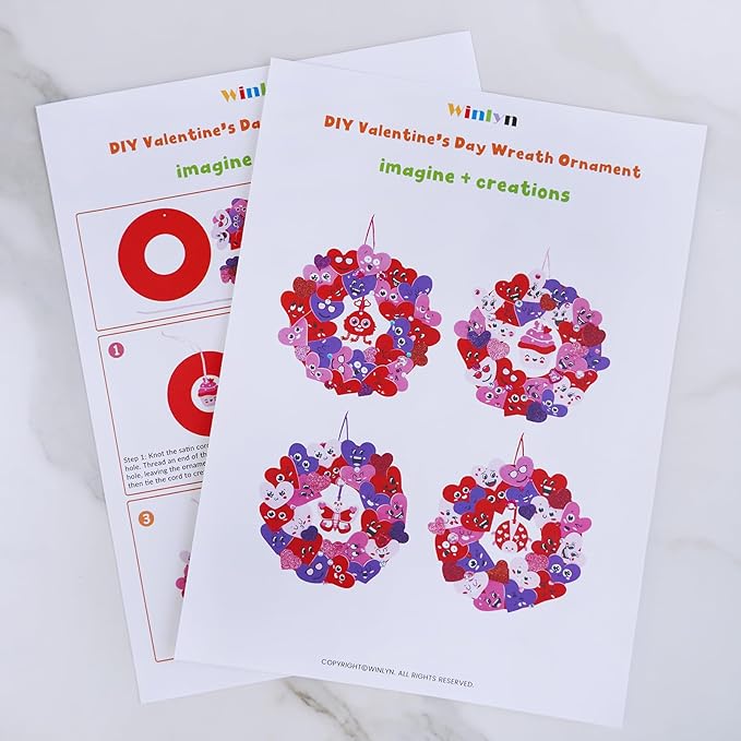 Winlyn 12 Sets Valentine's Day Craft Kits Heart Crafts DIY Heart Wreath Ornaments Decorations Art Sets Foam Smile Heart Stickers for Kids Valentine's Day Party Classroom Activities Gift Exchange