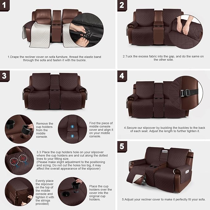 KinCam 100% Waterproof Recliner Loveseat Cover with Console, Non-Slip Reclining Couch Covers for 2 Seat, Recliner Sofa Cover Furniture Protector with Elastic Straps for Kids, Pets, Coffee