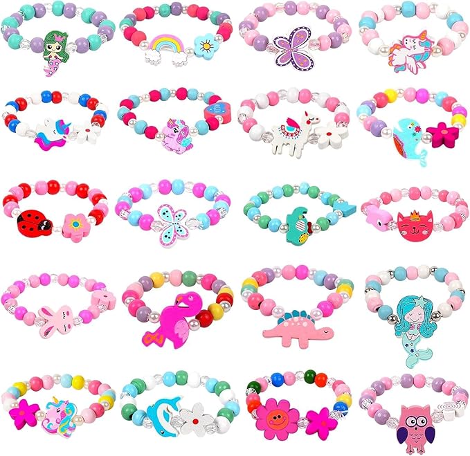 Wooden Bracelets for Girls Party favors Dress up Unicorn Mermaid Rainbow Heart Pendant Cute Friendship Stretchy Costume Jewelry Set Gift Play Party Favors (Animal)