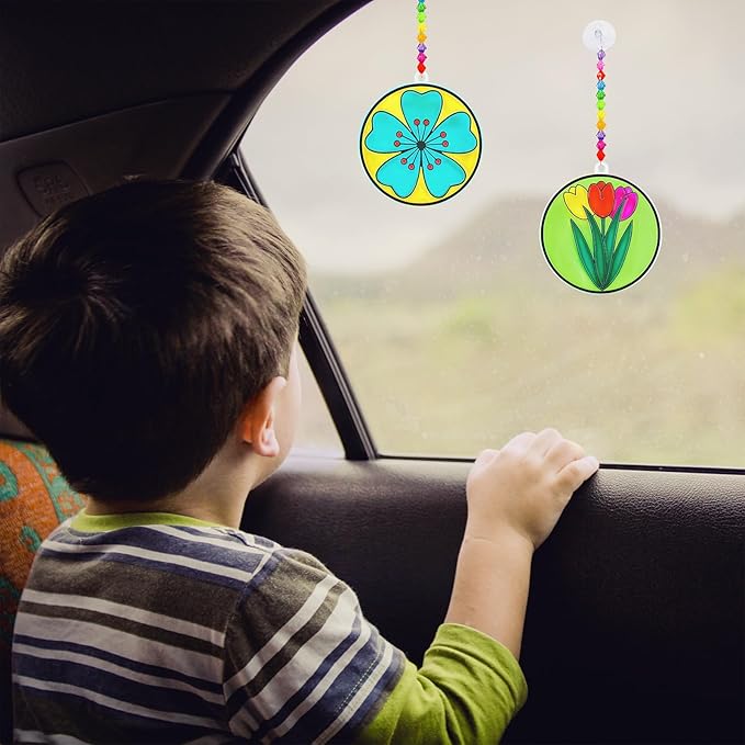 Winlyn 24 Sets Spring Flower Suncatchers Ornaments Decorations DIY Window Paint Art Suncatchers Spring Craft Kit Suncatchers Painting Kits for Kids Classroom Spring Activities Art project Party Favors