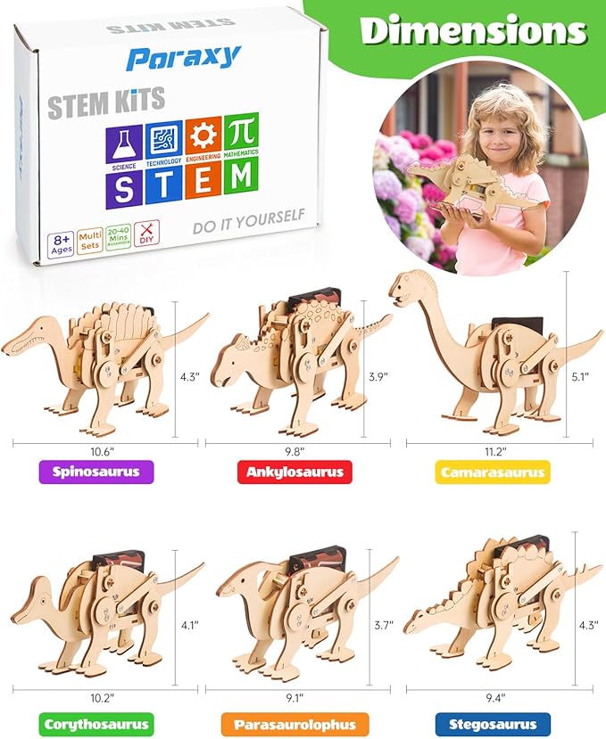 Poraxy Dinosaur Toys, 6 Set STEM Kits for Kids Ages 8-10-12, Toys for Ages 8-13, Science Kits Buildings Projects, 3D Wooden Puzzles Robot Crafts, Gifts for Boys and Girls Ages 8 9 10 11 12 13