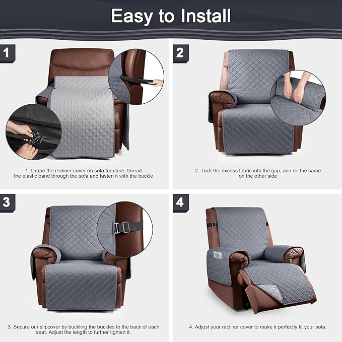KinCam 100% Waterproof Recliner Chair Cover, Reclining Couch Covers for Pets, Dogs, Recliner Couch Slipcover Furniture Protector with Elastic Straps for Kids(23.6", Dark Gray)