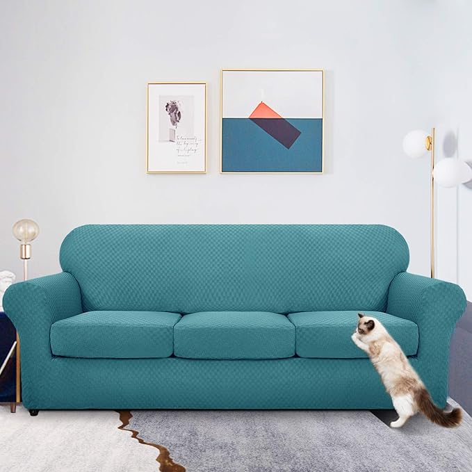 MAXIJIN 4 Piece Couch Covers for 3 Cushion Couch Super Stretch Non Slip Couch Cover for Dogs Pet Friendly Elastic Jacquard Furniture Protector Sofa Slipcovers (Sofa, Peacock Blue)