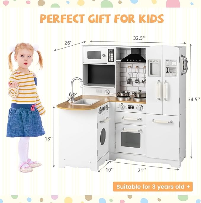 HONEY JOY Corner Kids Kitchen Playset, Little Chef Wooden Play Kitchen for Toddlers, Microwave, Refrigerator, Water Dispenser, Range Hood, Cookware, Pretend Play Toy Kitchen Set for Boys Girls