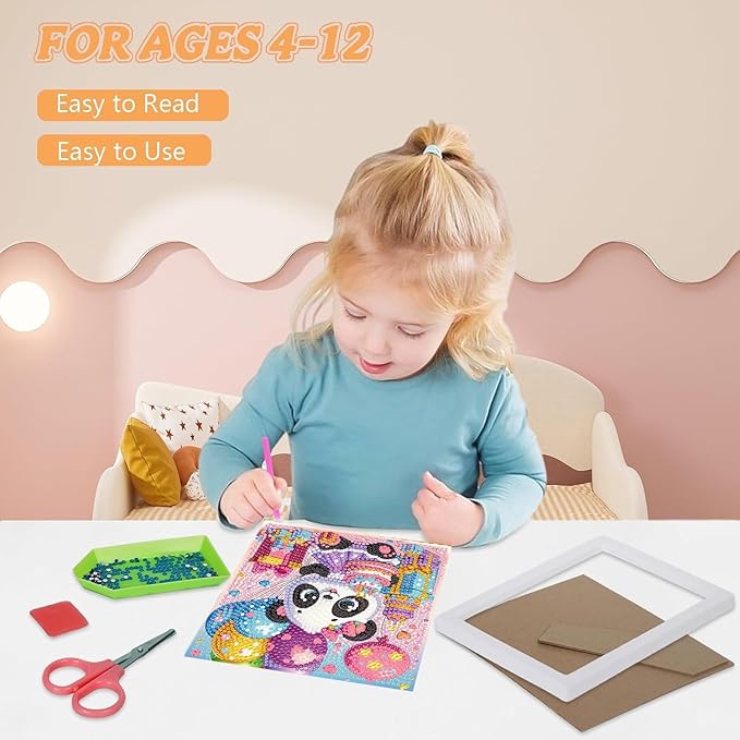 ajepon Diamond Art for Kids with Frame-Panda Kids Diamond Painting Kits,Animal Diamond Painting Kits for Kids 8-12 Full Drill Gem Art for Home Decor 7x7inch