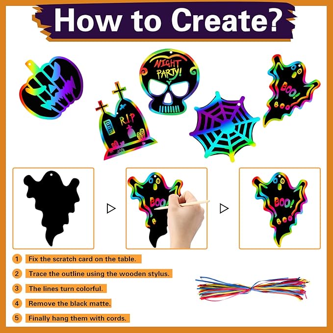 Max Fun Halloween Crafts Scratch Off Art Paper Cards 48Pack, Magic Rainbow Ornaments Hanging Supplies Educational Toys Kit Halloween Party Games Favor