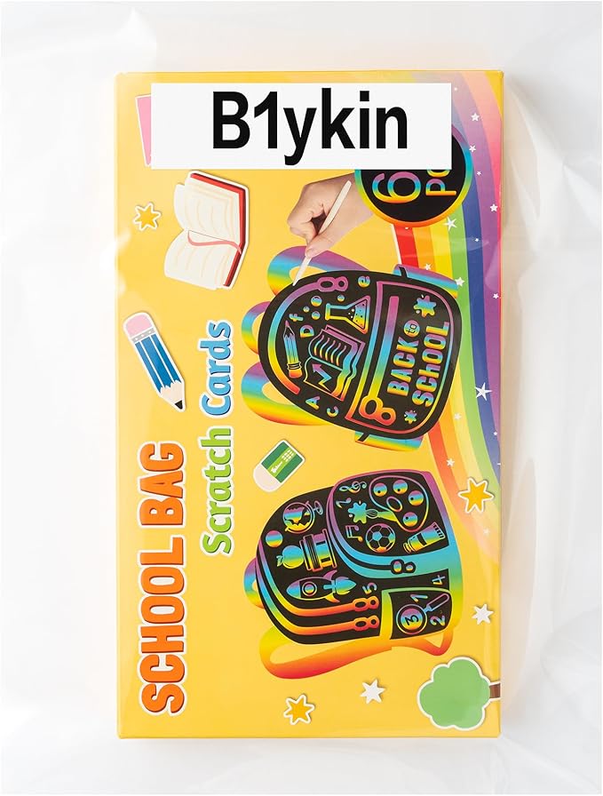 B1ykin School Bag Scratch Cards Gift - Back to School Magic Bag Scratch Paper Art Kit for Kids, DIY First Day of School Scratch Off Hanging Card Party Favors for Classroom Activity Art Project