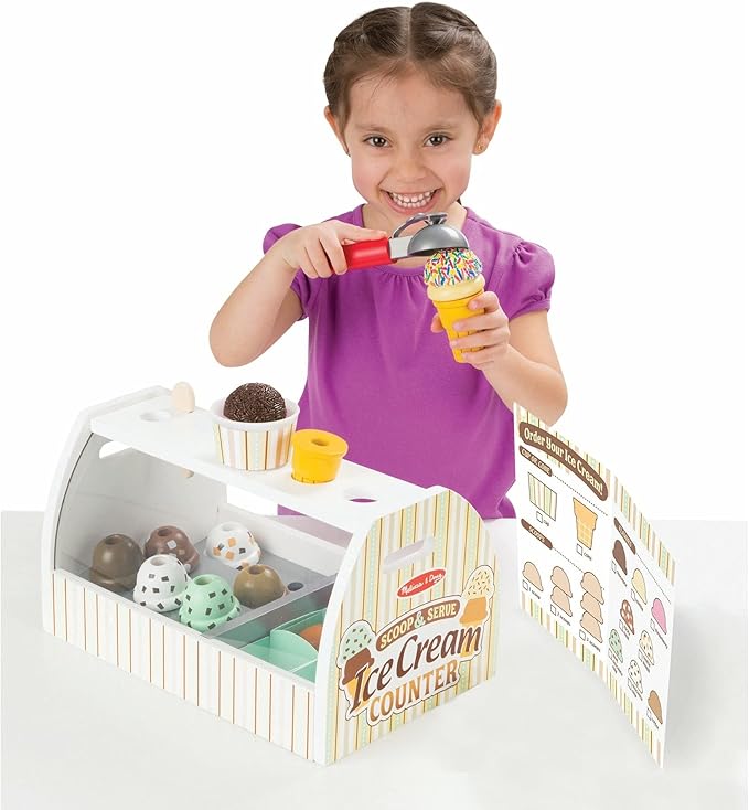 Melissa & Doug Wooden Scoop and Serve Ice Cream Counter With Play Food and Accessories (28 Pcs) Pretend Food, Ice Cream Toys, For Kids Ages 3+
