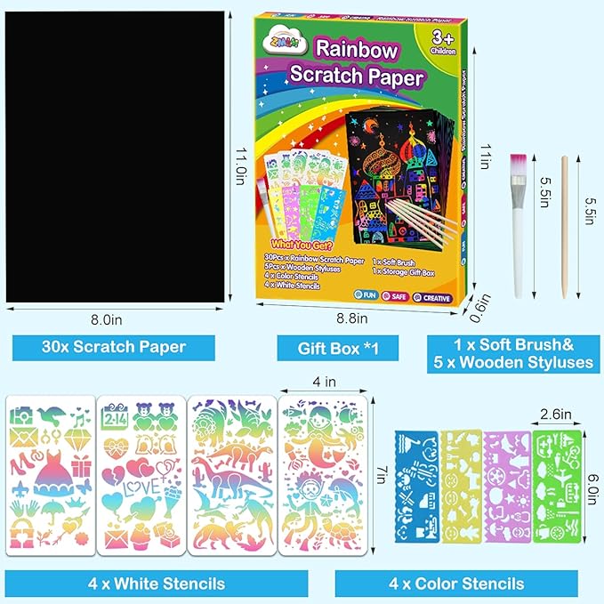 ZMLM Scratch Paper Art-Craft Kit: 11''x 8'' Big Sheets Magic Rainbow Drawing Board Kid Art Paper Pad Supply Toddler DIY Project Activity Toy Game for Teens Girls Boys Holiday Birthday Gift