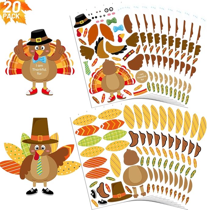 Make-A-Turkey Stickers Thanksgiving Crafts for Kids Make Your Own Turkey Craft Sets for Thanksgiving Party Favors Game Activities Supplies 20Pcs