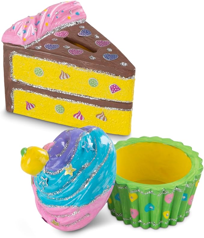 Melissa & Doug Sweet Keepsakes Craft Kit: 2 Decorate-Your-Own Treasure Boxes and a Cake Bank, One Size, Dyo