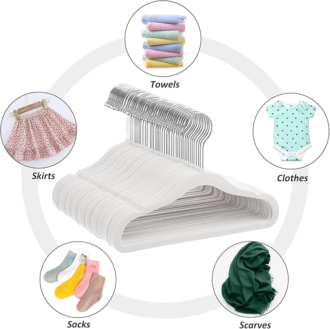Velvet Baby Hangers 50 Pack, 11 Inch Kids Non Slip Hangers, Premium Childrens Hangers for Clothes, Space-Saving Nursery Hangers, Perfect Infant/Toddler Clothes Hangers for Daily Use(White)